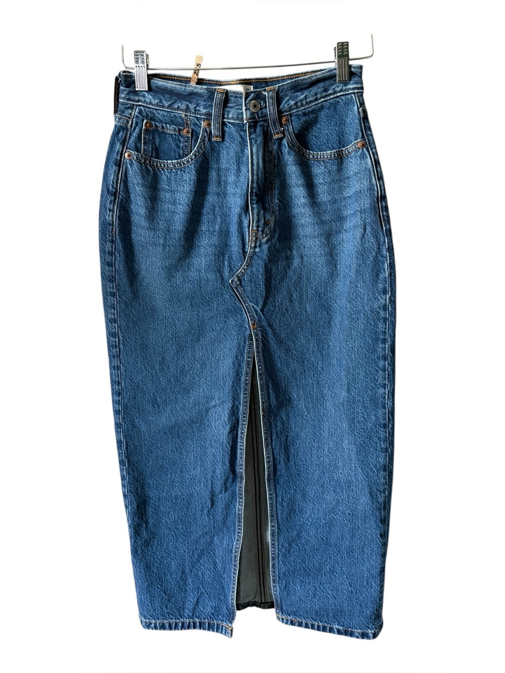 Abercrombie & Fitch High Rise Denim Midi Skirt Blue Wash Front Slit 24 Petite